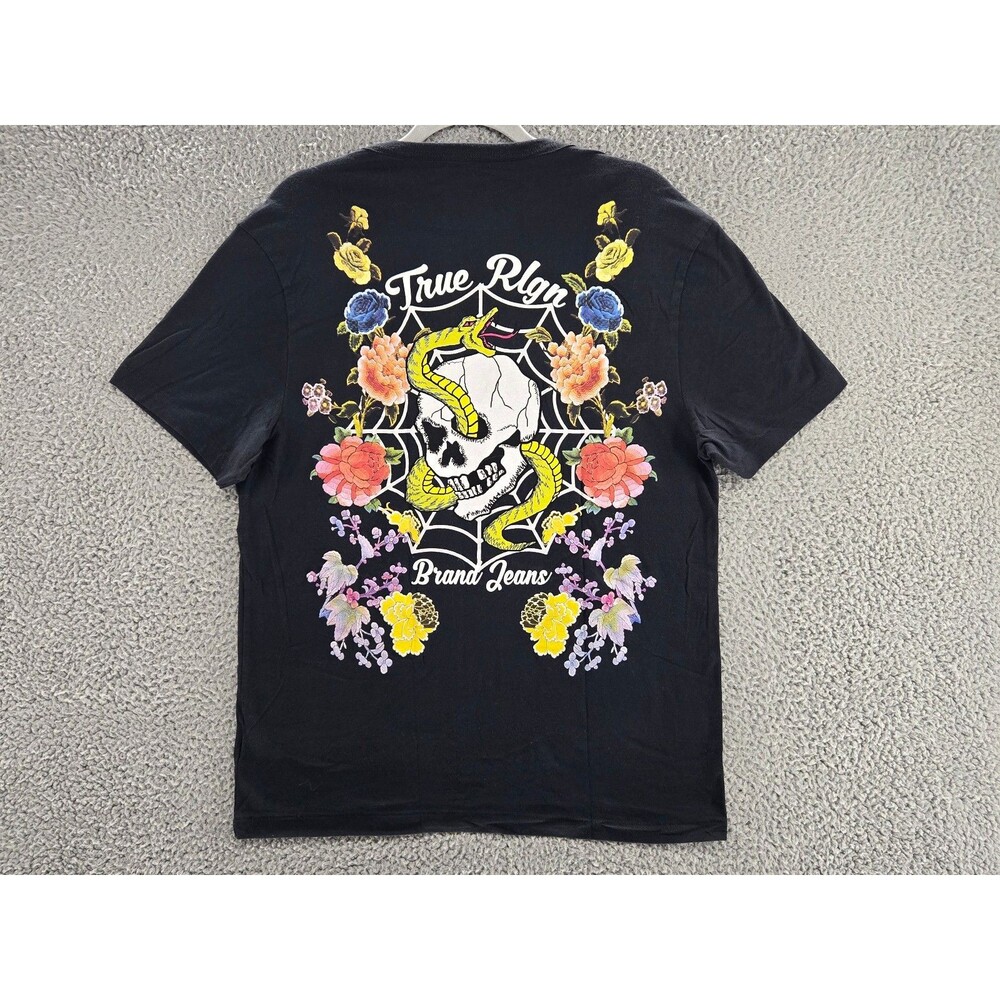 True Religion Shirt Mens Large Black Skull Snake Floral Graphic Streetwear Y2K